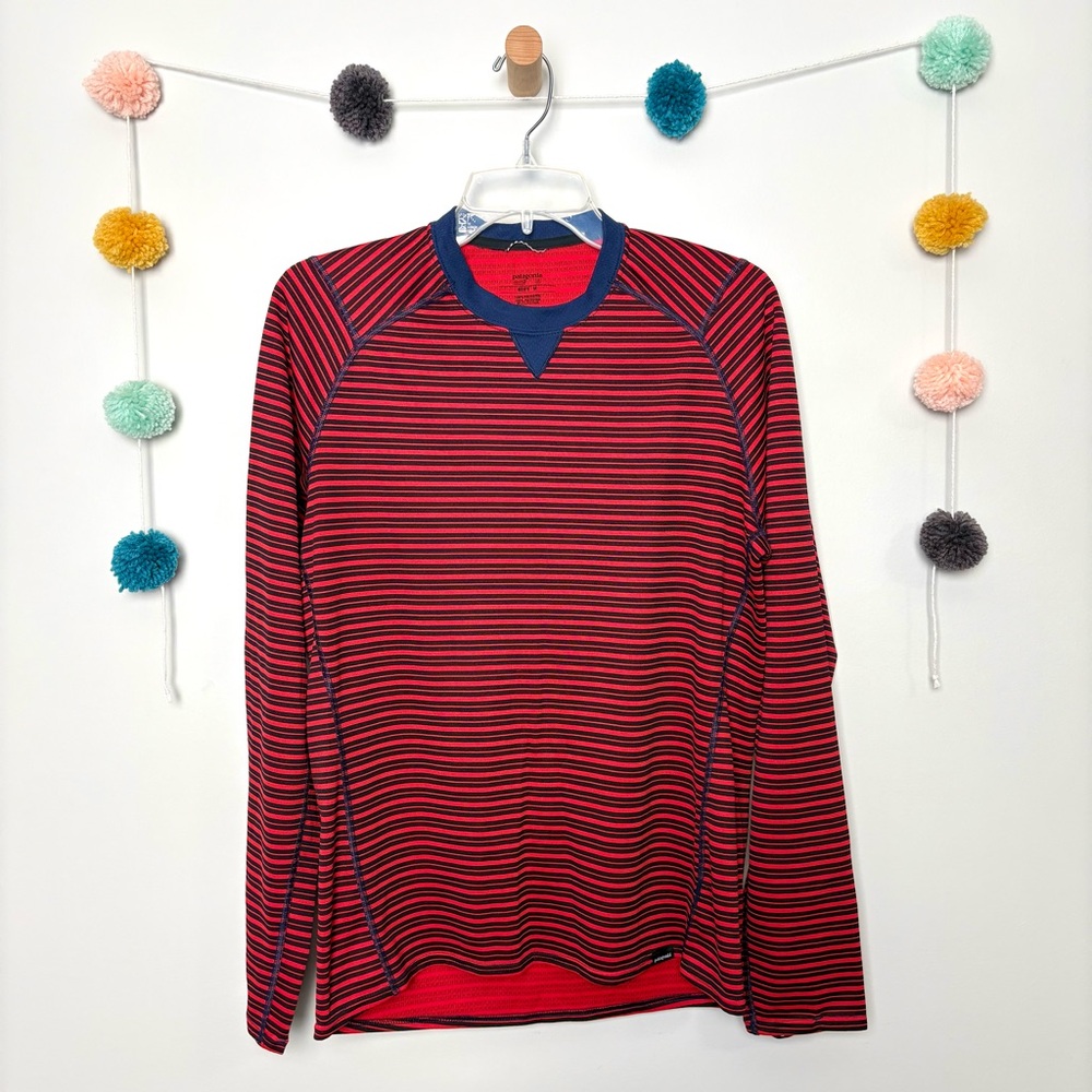 Patagonia Capilene 3 Midweight Red and Navy Striped Long Sleeve Lightweight Crew